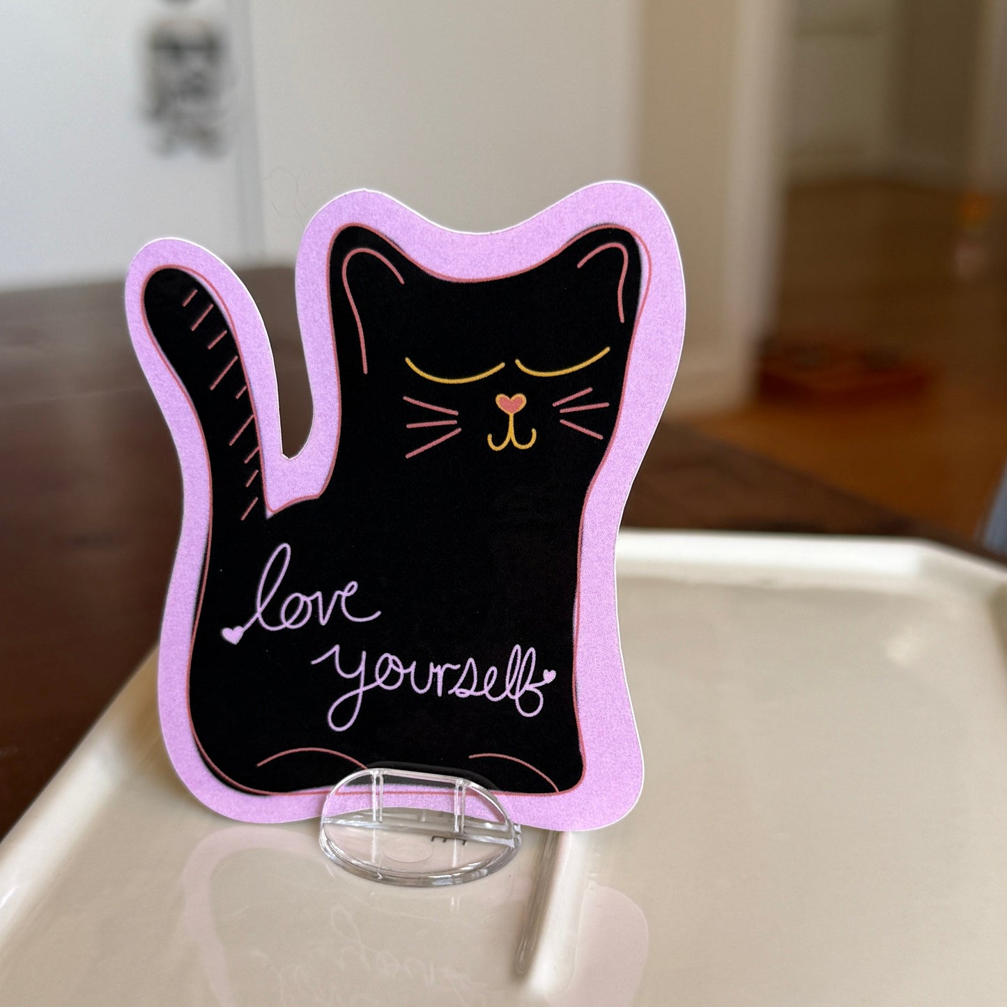 Pink Love Yourself Cat Sticker - Waterproof, Scratch Resistant, Dishwasher Safe, UV Resistant, Outdoor Use, Split Back For Easy Peel! lil chonk studio