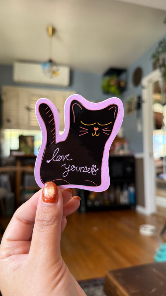 Pink Love Yourself Cat Sticker - Waterproof, Scratch Resistant, Dishwasher Safe, UV Resistant, Outdoor Use, Split Back For Easy Peel! lil chonk studio