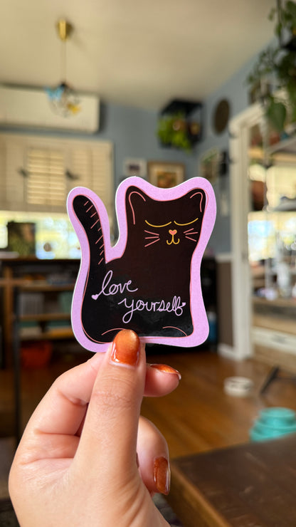 Pink Love Yourself Cat Sticker - Waterproof, Scratch Resistant, Dishwasher Safe, UV Resistant, Outdoor Use, Split Back For Easy Peel! lil chonk studio