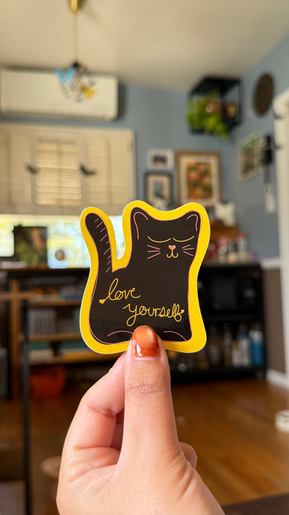 Yellow Love Yourself Cat Sticker - Waterproof, Scratch Resistant, Dishwasher Safe, UV Resistant, Outdoor Use, Split Back For Easy Peel! lil chonk studio