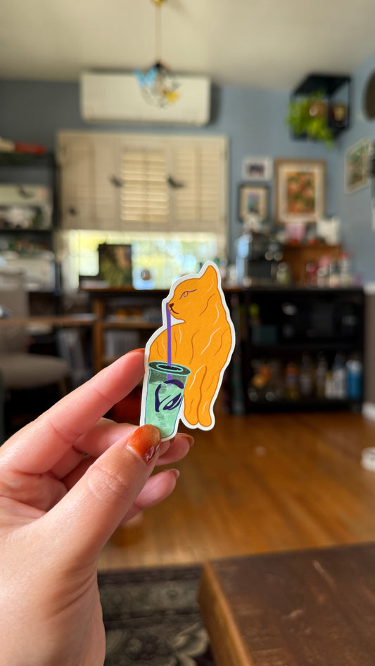 An Orange Cat Having A Blast Sticker - Waterproof, Scratch Resistant, Dishwasher Safe, UV Resistant, Outdoor Use, Split Back For Easy Peel! lil chonk studio