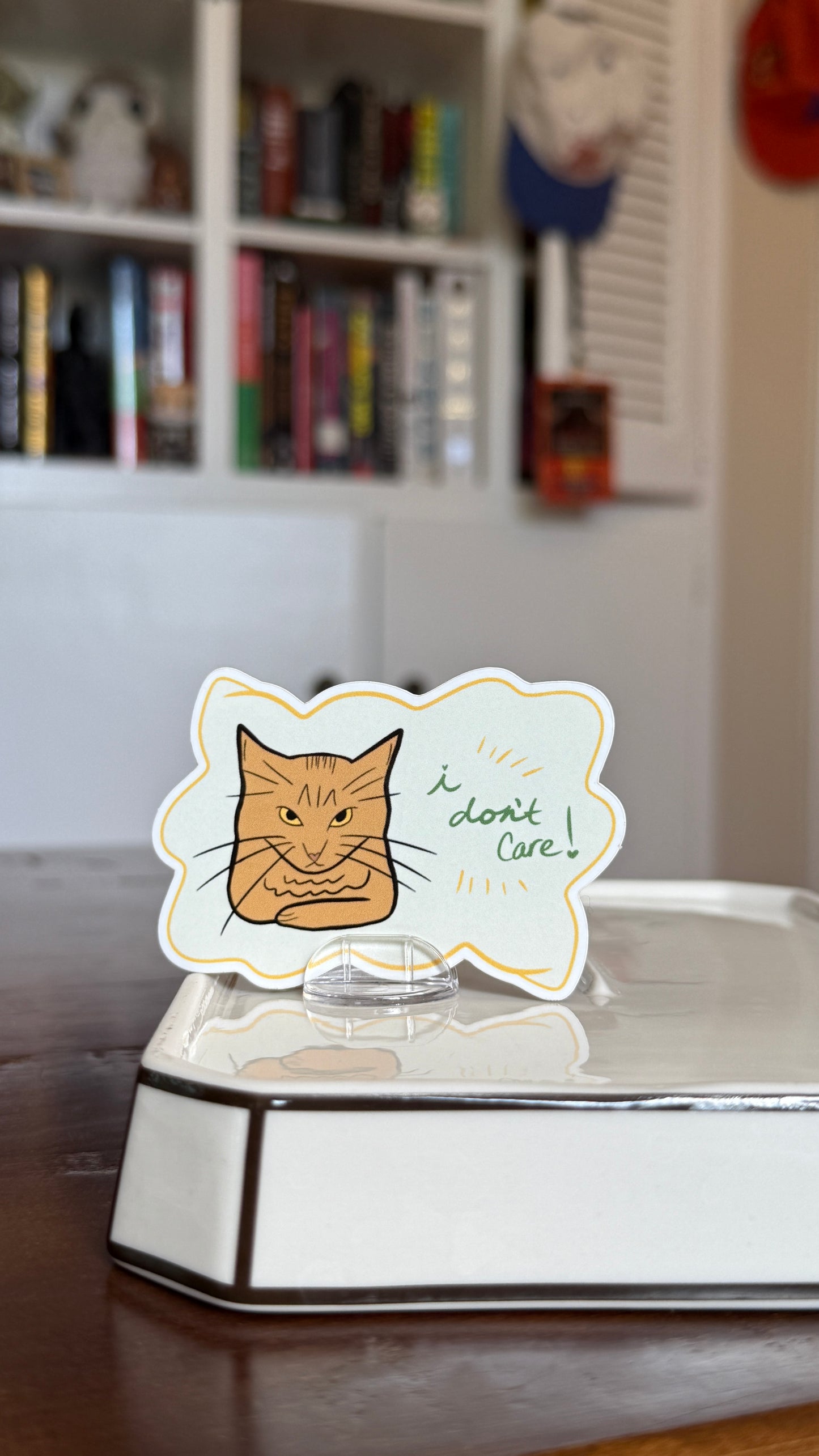 Green I Don't Care Cat Sticker - Waterproof, Scratch Resistant, Dishwasher Safe, UV Resistant, Outdoor Use, Split Back For Easy Peel! lil chonk studio