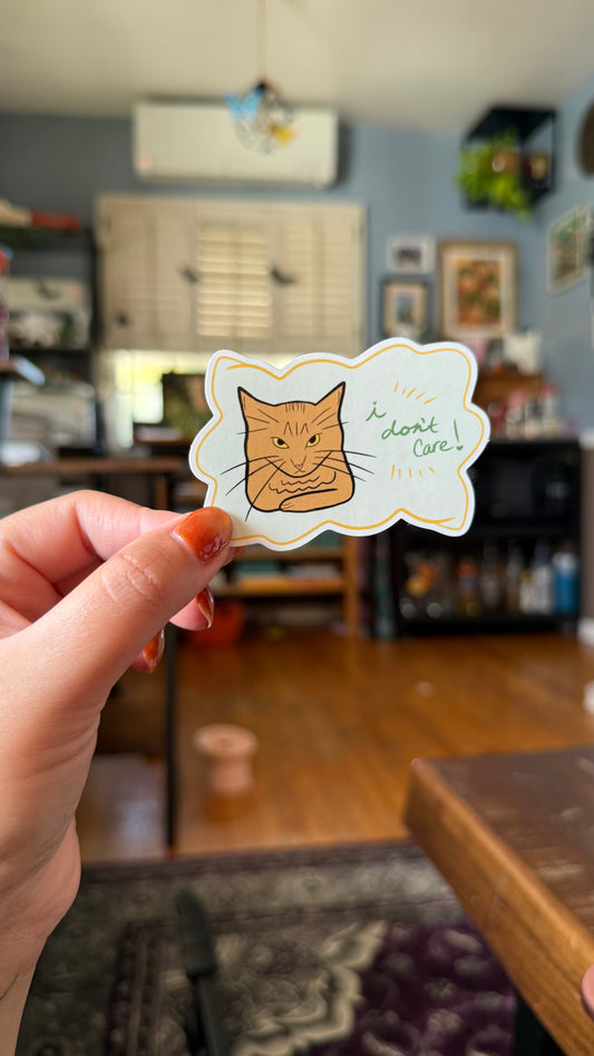 Green I Don't Care Cat Sticker - Waterproof, Scratch Resistant, Dishwasher Safe, UV Resistant, Outdoor Use, Split Back For Easy Peel! lil chonk studio
