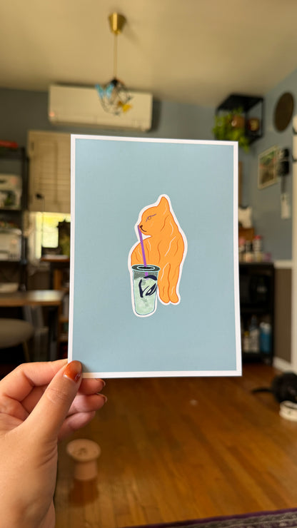 An Orange Cat Having A Blast Print - 5" X 7" Premium Arctic Matte Inkjet Photo Paper lil chonk studio